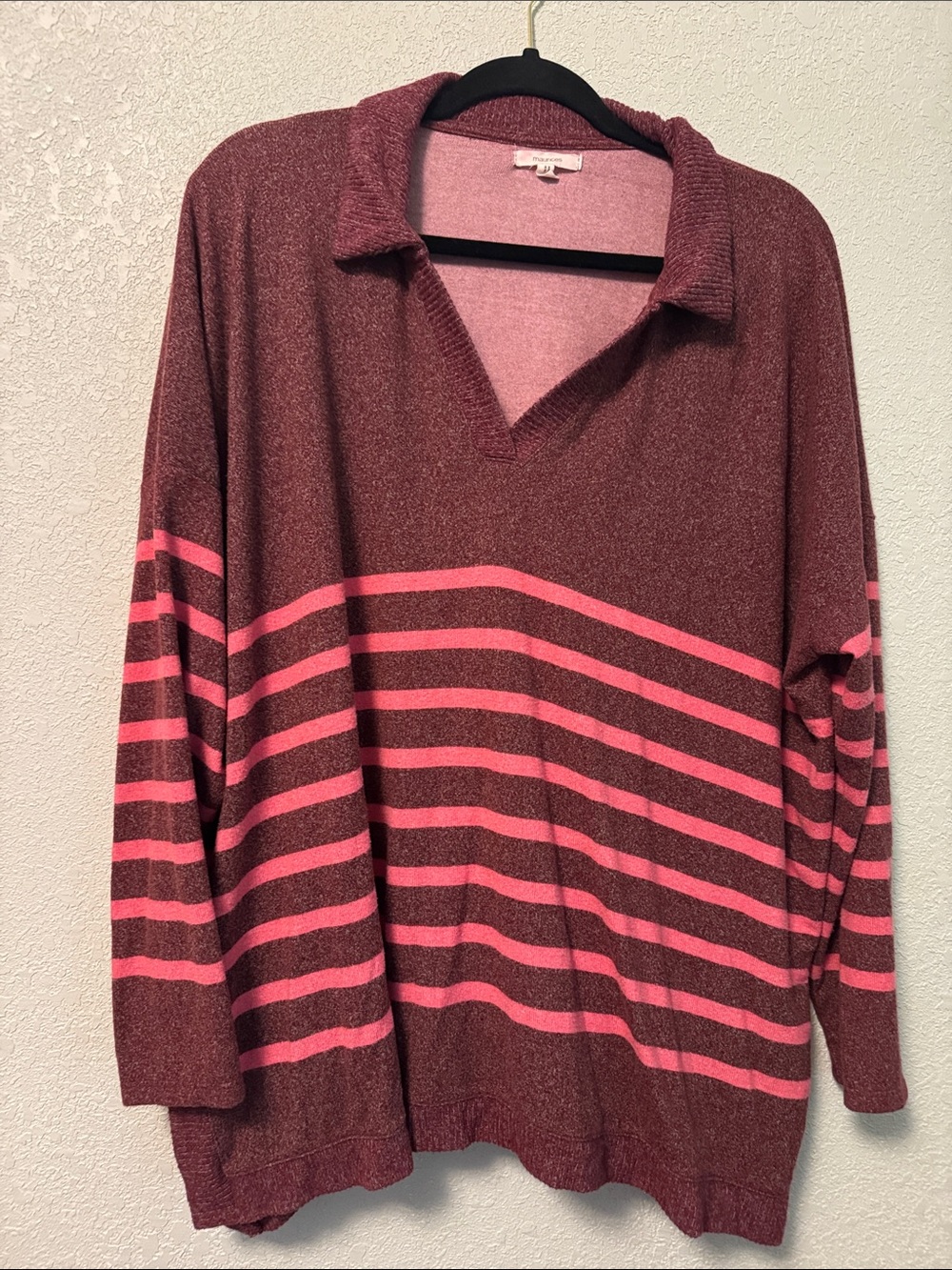Maurices Maroon and Pink Striped V-Neck Collared Sweater